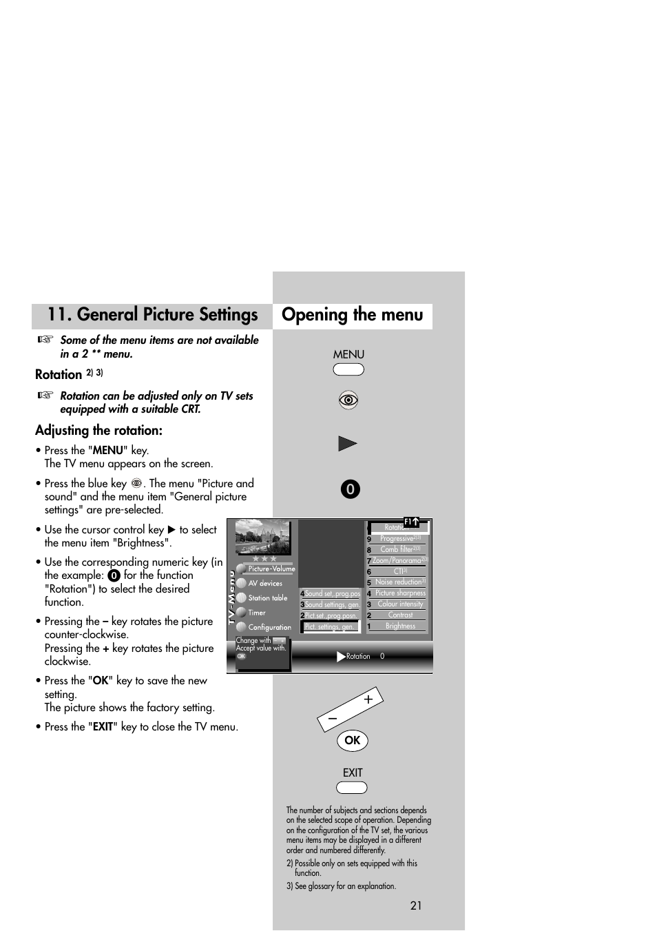 Opening the menu, General picture settings, Rotation | Adjusting the rotation | Metz Slim TV User Manual | Page 21 / 100