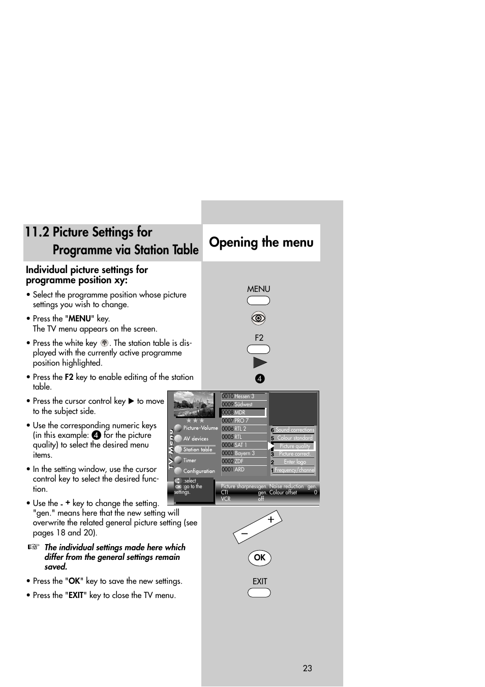 Opening the menu, 2 picture settings for programme via station table | Metz Slim TV User Manual | Page 23 / 100