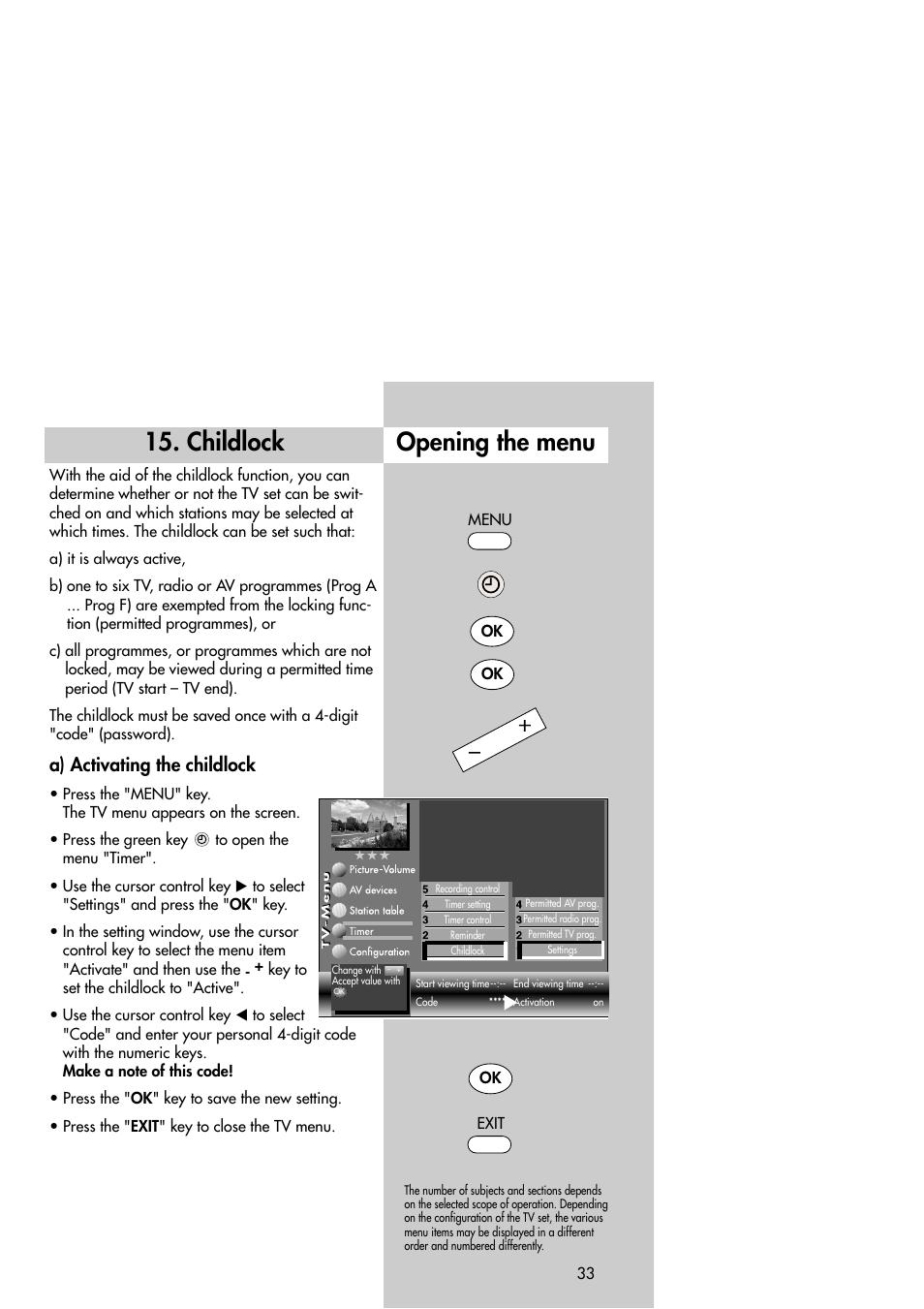 Opening the menu 15. childlock, A) activating the childlock | Metz Slim TV User Manual | Page 33 / 100