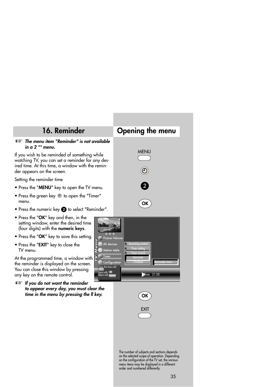 Reminder, Opening the menu | Metz Slim TV User Manual | Page 35 / 100