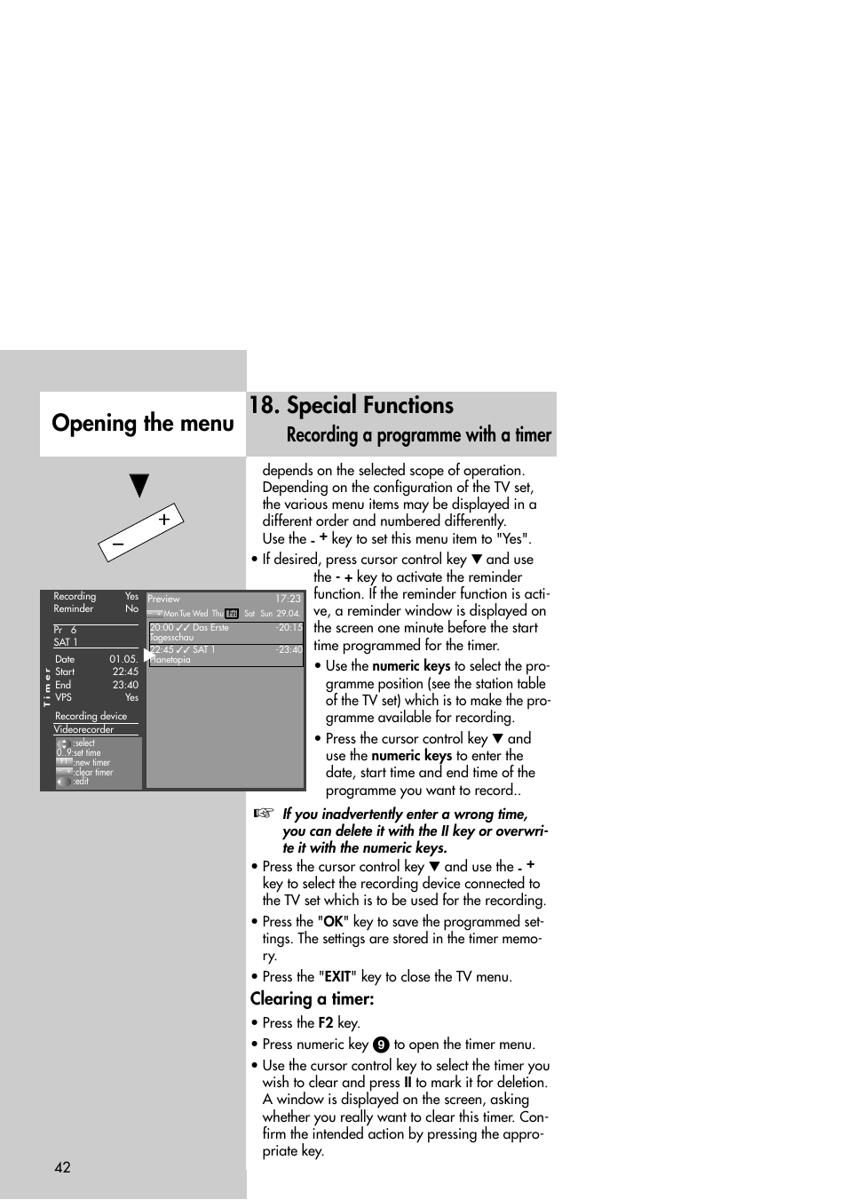 Special functions, Opening the menu, Recording a programme with a timer | Clearing a timer | Metz Slim TV User Manual | Page 42 / 100