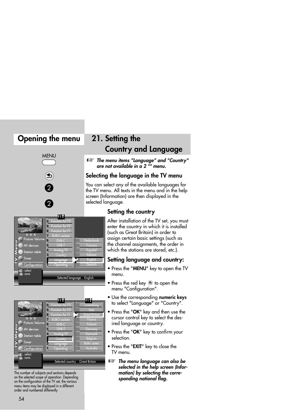 Setting the country and language, Opening the menu, Selecting the language in the tv menu | Setting the country, Setting language and country | Metz Slim TV User Manual | Page 54 / 100