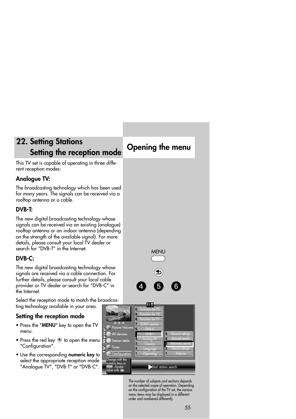 ᕤ ᕥ ᕦ, Setting stations setting the reception mode, Opening the menu | Analogue tv, Dvb-t, Dvb-c, Setting the reception mode | Metz Slim TV User Manual | Page 55 / 100