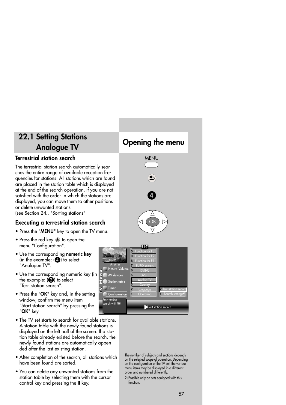 Opening the menu 22.1 setting stations analogue tv, Terrestrial station search, Executing a terrestrial station search | Metz Slim TV User Manual | Page 57 / 100