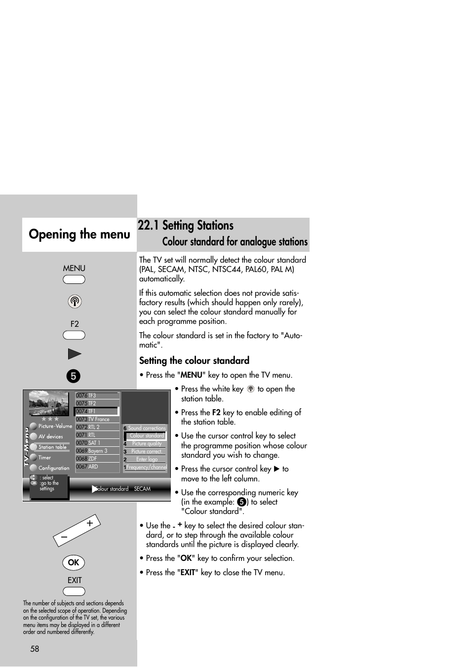 Opening the menu 22.1 setting stations, Colour standard for analogue stations, Setting the colour standard | Metz Slim TV User Manual | Page 58 / 100