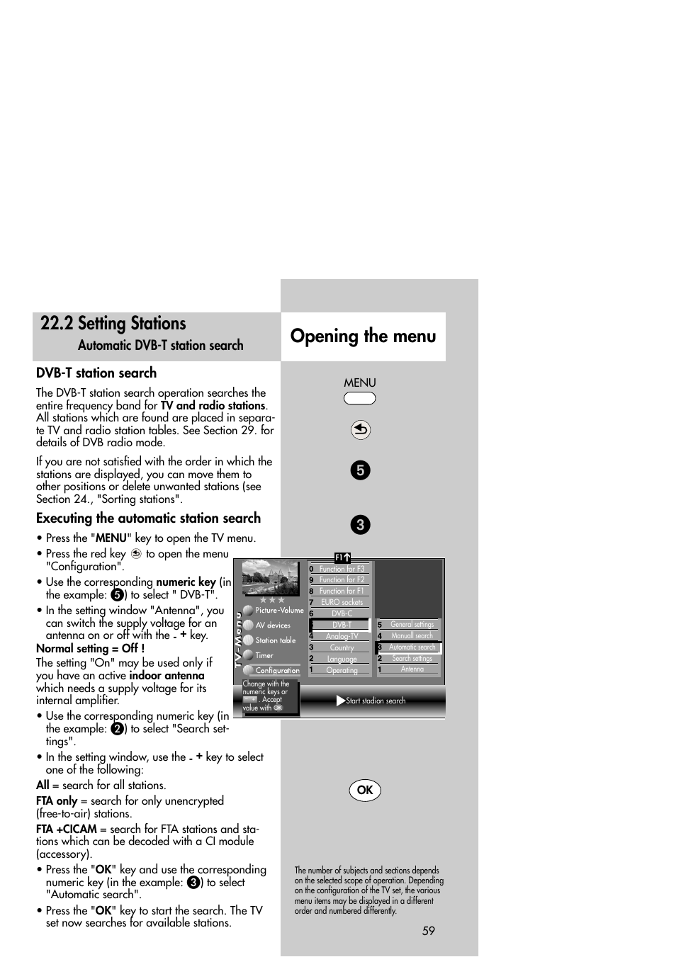 2 setting stations, Opening the menu, Dvb-t station search | Executing the automatic station search, Automatic dvb-t station search | Metz Slim TV User Manual | Page 59 / 100