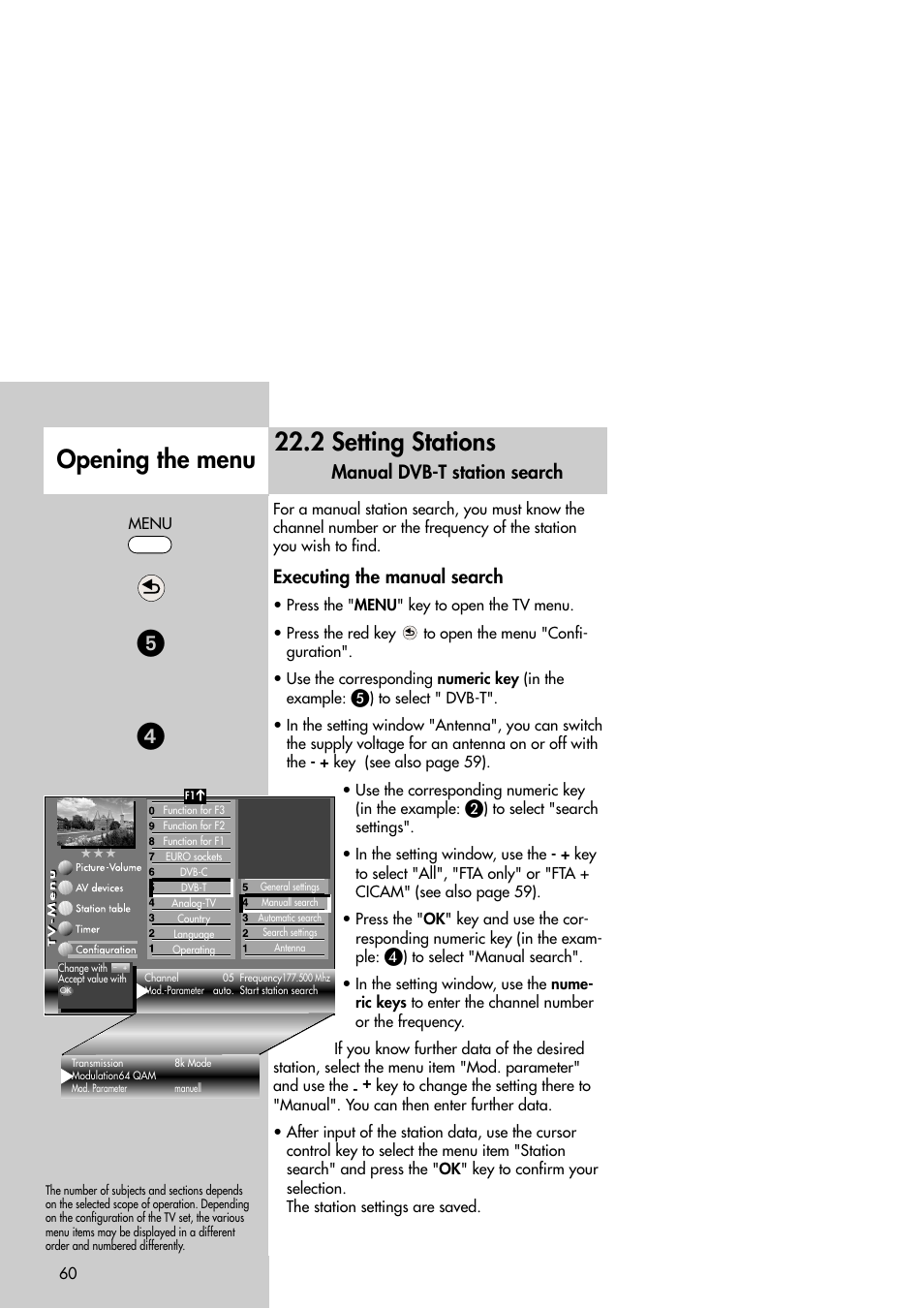 2 setting stations, Opening the menu, Executing the manual search | Manual dvb-t station search | Metz Slim TV User Manual | Page 60 / 100