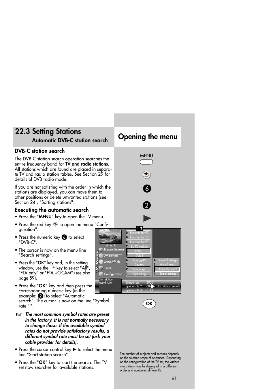 3 setting stations, Opening the menu, Dvb-c station search | Executing the automatic search, Automatic dvb-c station search | Metz Slim TV User Manual | Page 61 / 100