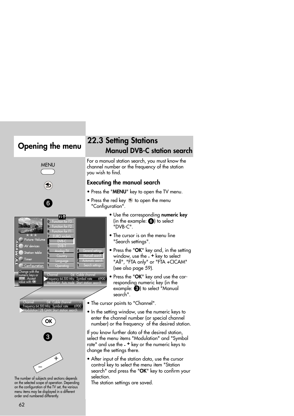 3 setting stations, Opening the menu, Manual dvb-c station search | Executing the manual search | Metz Slim TV User Manual | Page 62 / 100