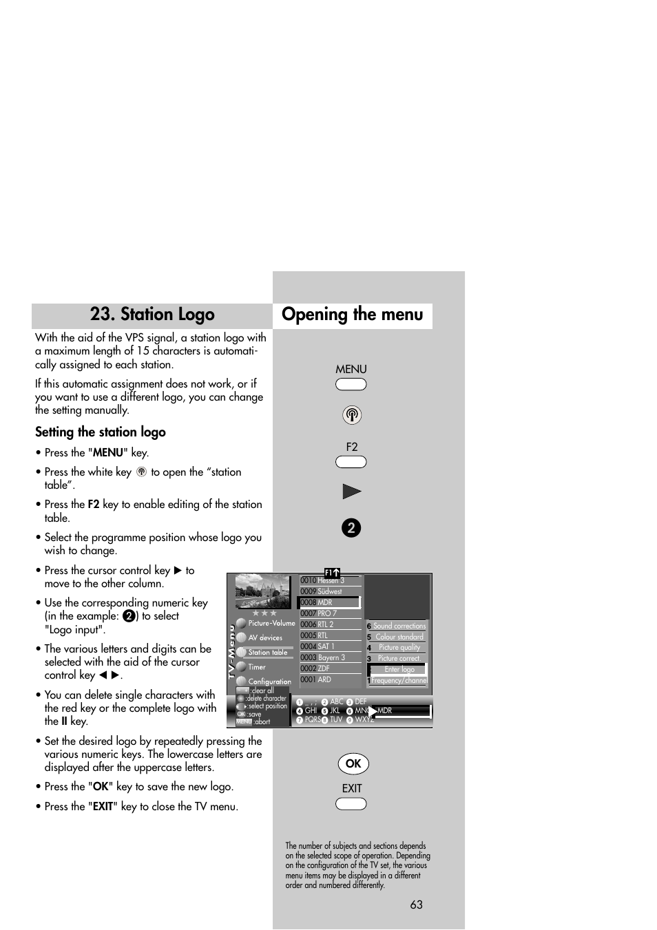 Station logo, Opening the menu, Setting the station logo | Metz Slim TV User Manual | Page 63 / 100