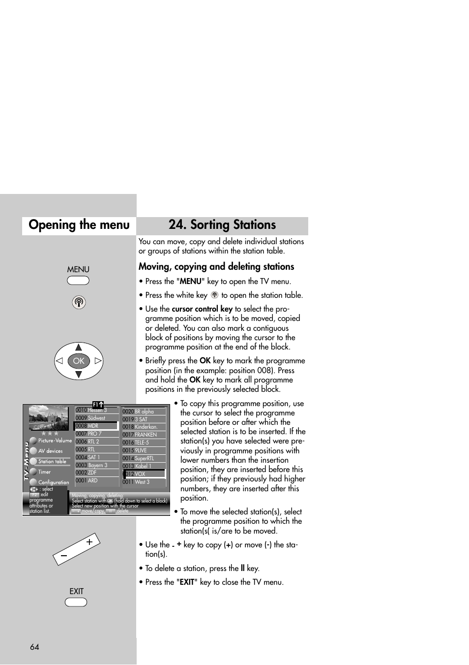 Sorting stations, Opening the menu, Moving, copying and deleting stations | Metz Slim TV User Manual | Page 64 / 100