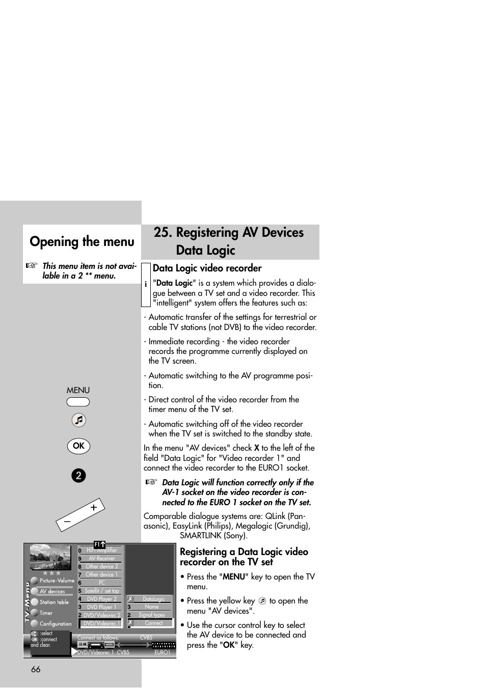 Registering av devices data logic, Opening the menu, Data logic video recorder | Metz Slim TV User Manual | Page 66 / 100