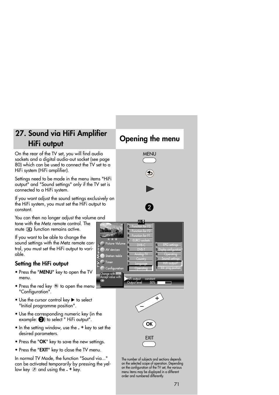 Sound via hifi amplifier hifi output, Opening the menu, Setting the hifi output | Metz Slim TV User Manual | Page 71 / 100