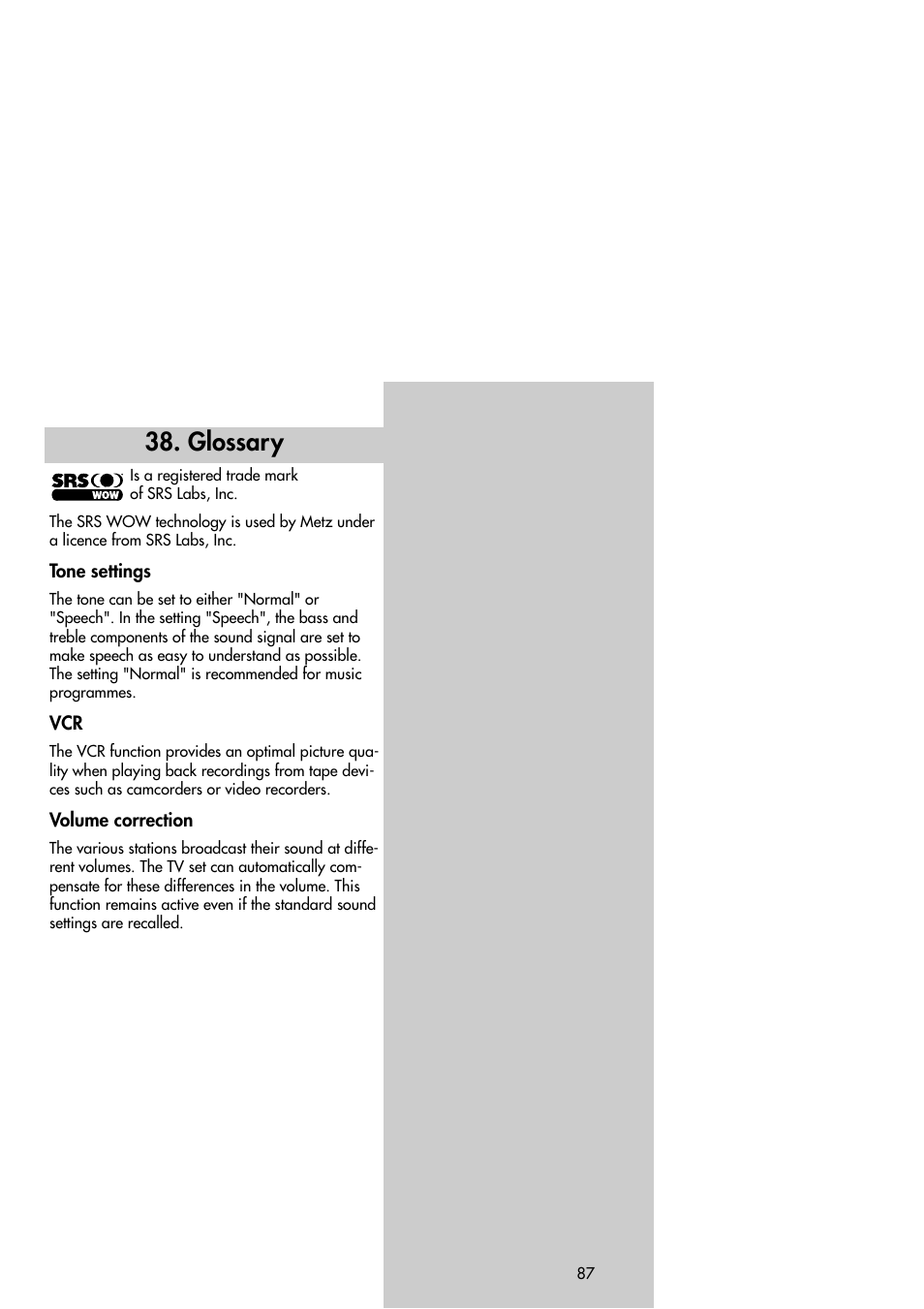 Glossary | Metz Slim TV User Manual | Page 87 / 100