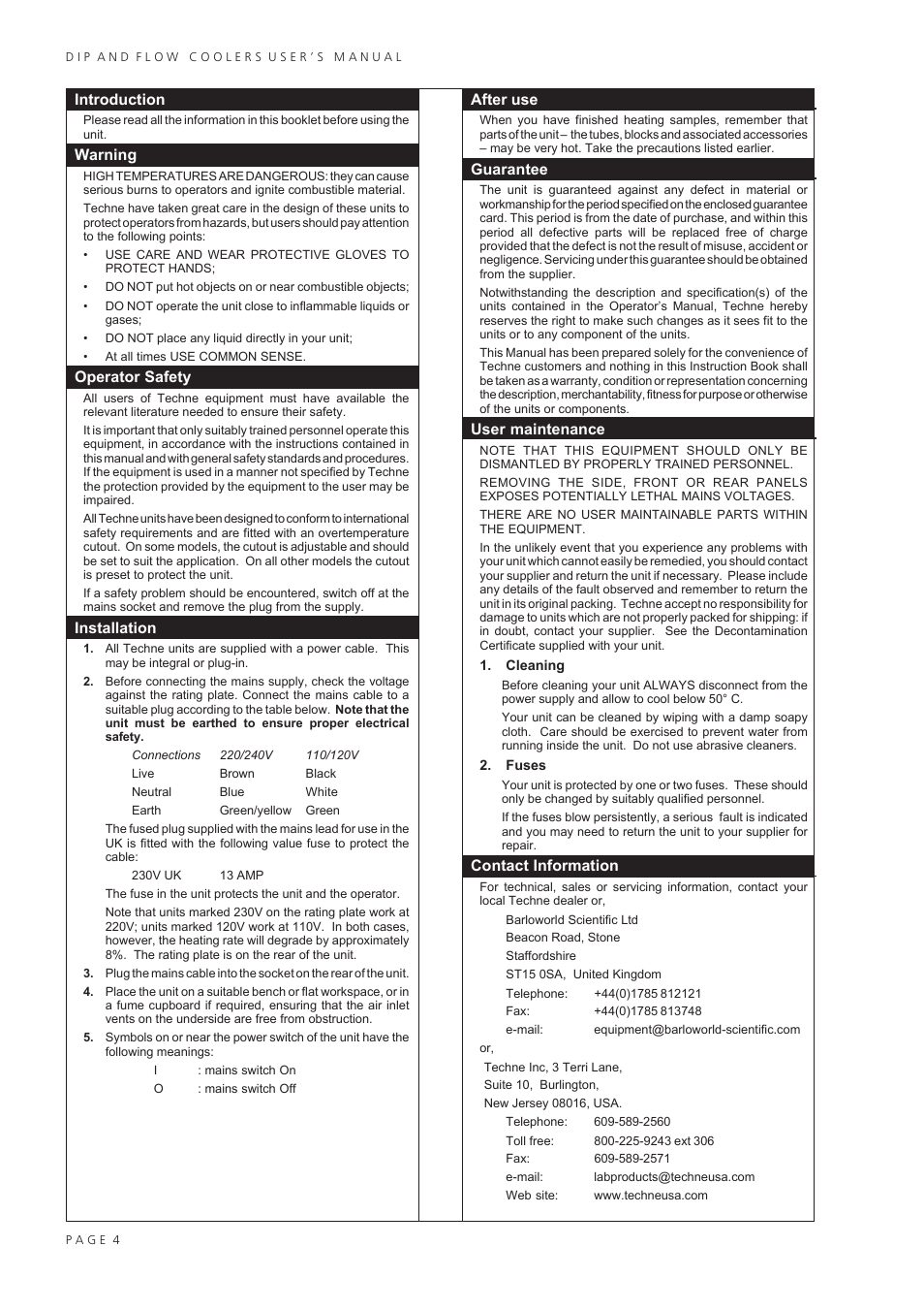 Introduction, Warning, Operator safety | Installation, After use, Guarantee, User maintenance, Contact information | Techne RU-200 User Manual | Page 6 / 20