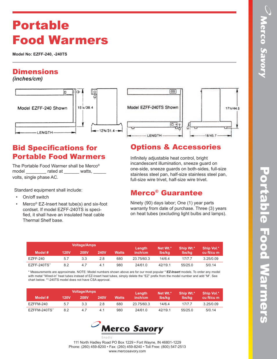 Por ta ble f ood w ar mer s portable food warmers, Dimensions, Bid specifications for portable food warmers | Options & accessories, Merco, Guarantee | Merco Savory Portable Food Wamers EZFF-240TS User Manual | Page 2 / 2