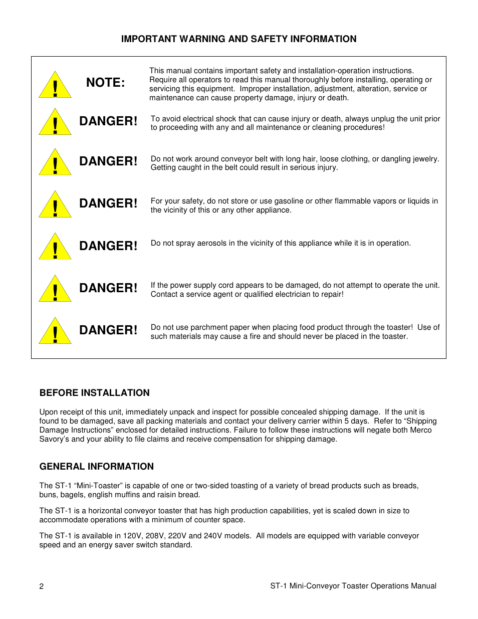 Danger | Merco Savory ST-1 User Manual | Page 2 / 8