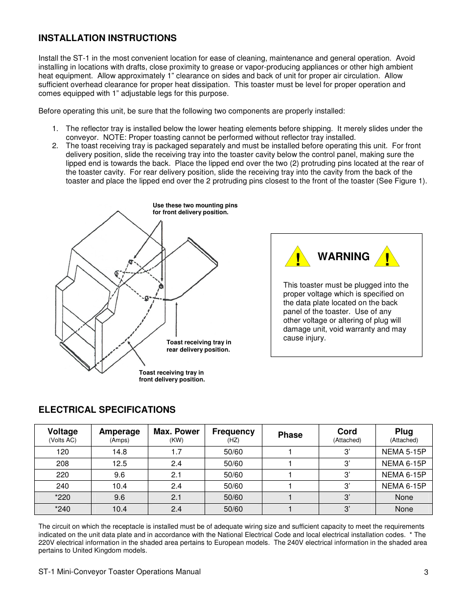 Warning | Merco Savory ST-1 User Manual | Page 3 / 8