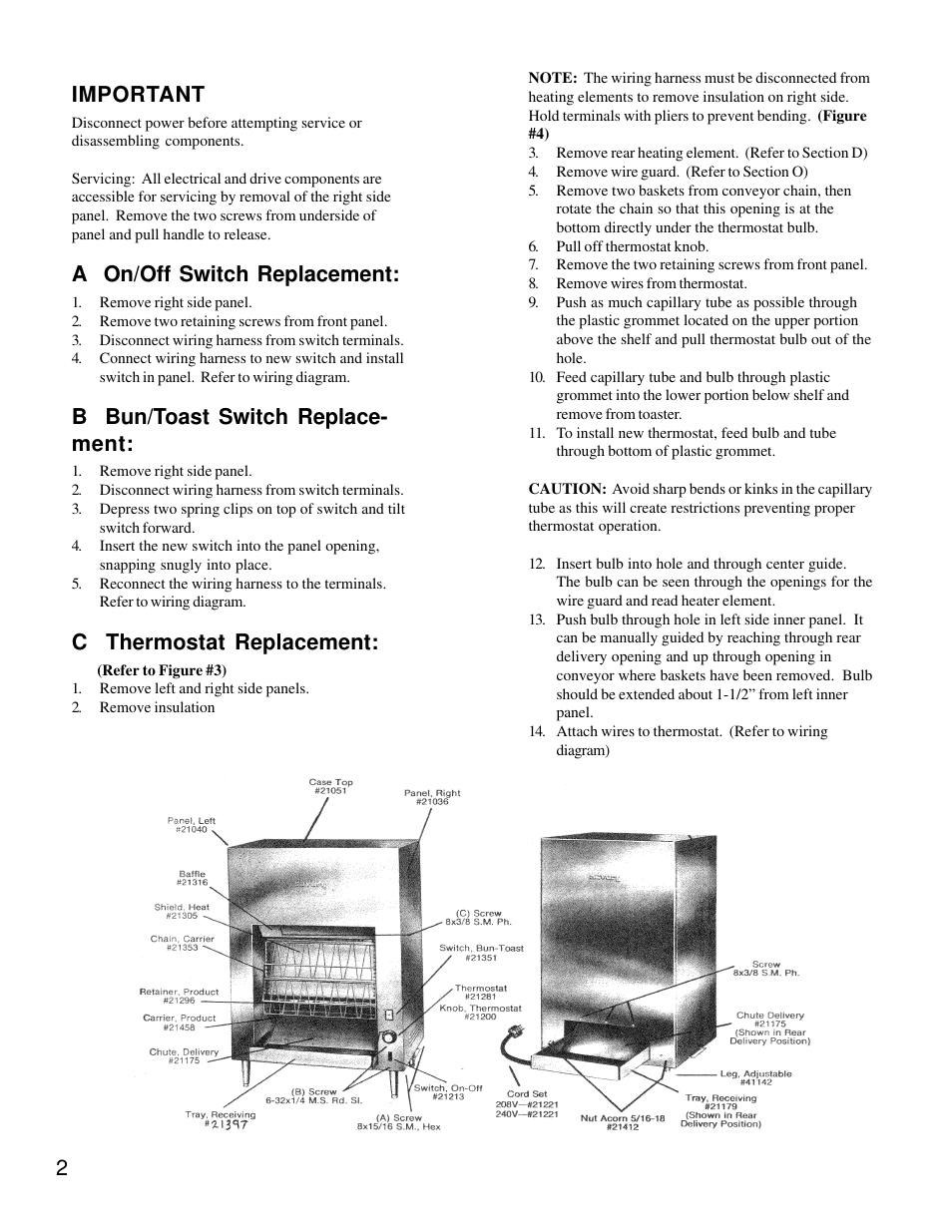 Important, A on/off switch replacement, B bun/toast switch replace- ment | C thermostat replacement | Merco Savory C-40 User Manual | Page 2 / 12