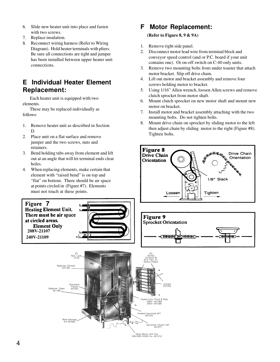 F motor replacement, E individual heater element replacement | Merco Savory C-40 User Manual | Page 4 / 12
