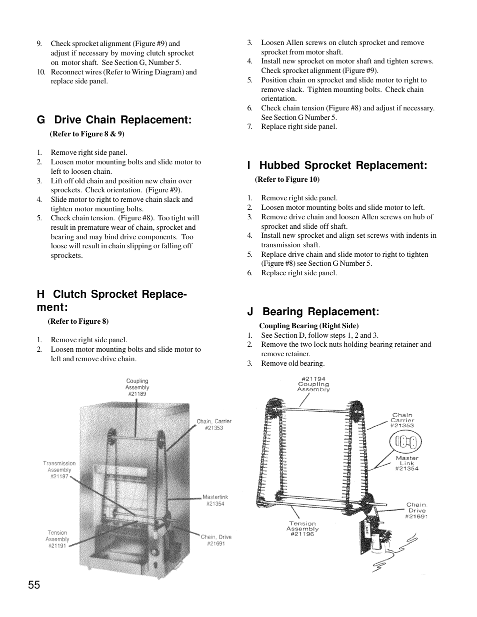 I hubbed sprocket replacement, J bearing replacement, G drive chain replacement | H clutch sprocket replace- ment | Merco Savory C-40 User Manual | Page 5 / 12