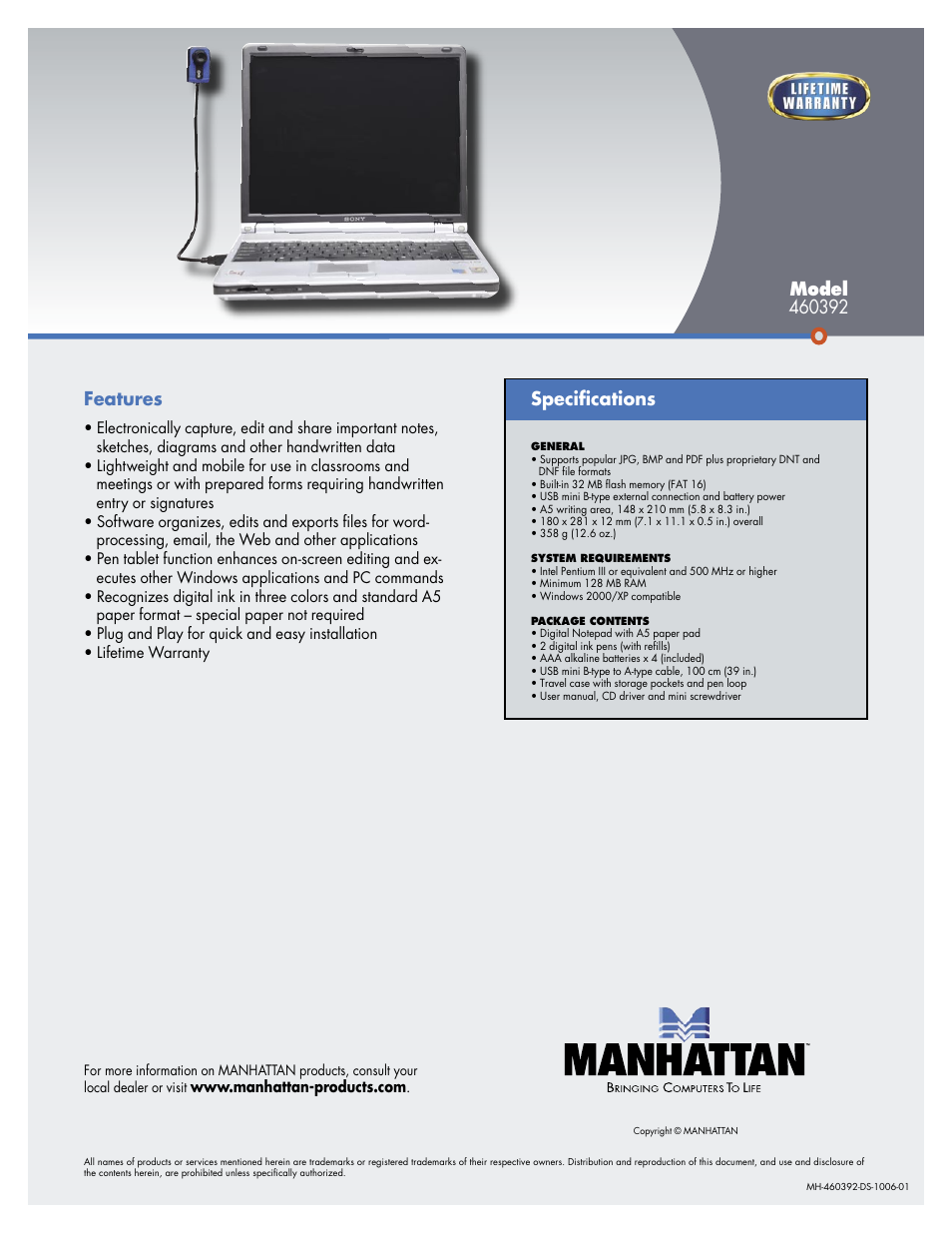 Features, Speciﬁcations | Manhattan Computer Products 460392 User Manual | Page 2 / 2
