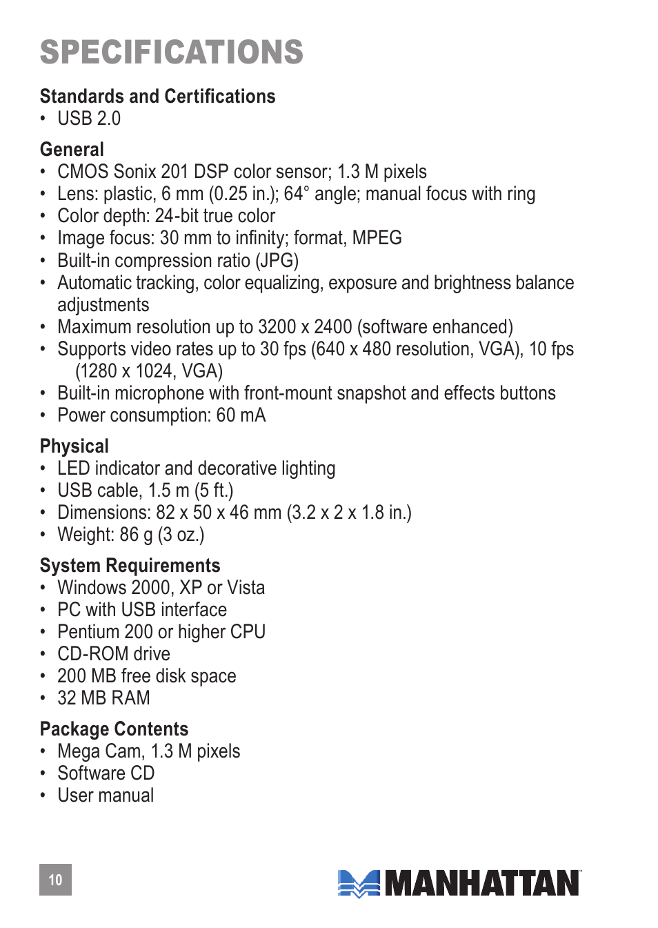 Specifications | Manhattan Computer Products 460477 User Manual | Page 10 / 12