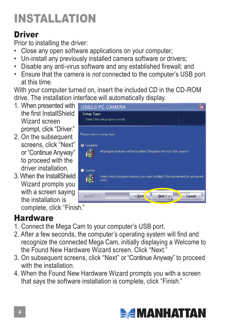 Installation, Driver, Hardware | Manhattan Computer Products 460477 User Manual | Page 4 / 12
