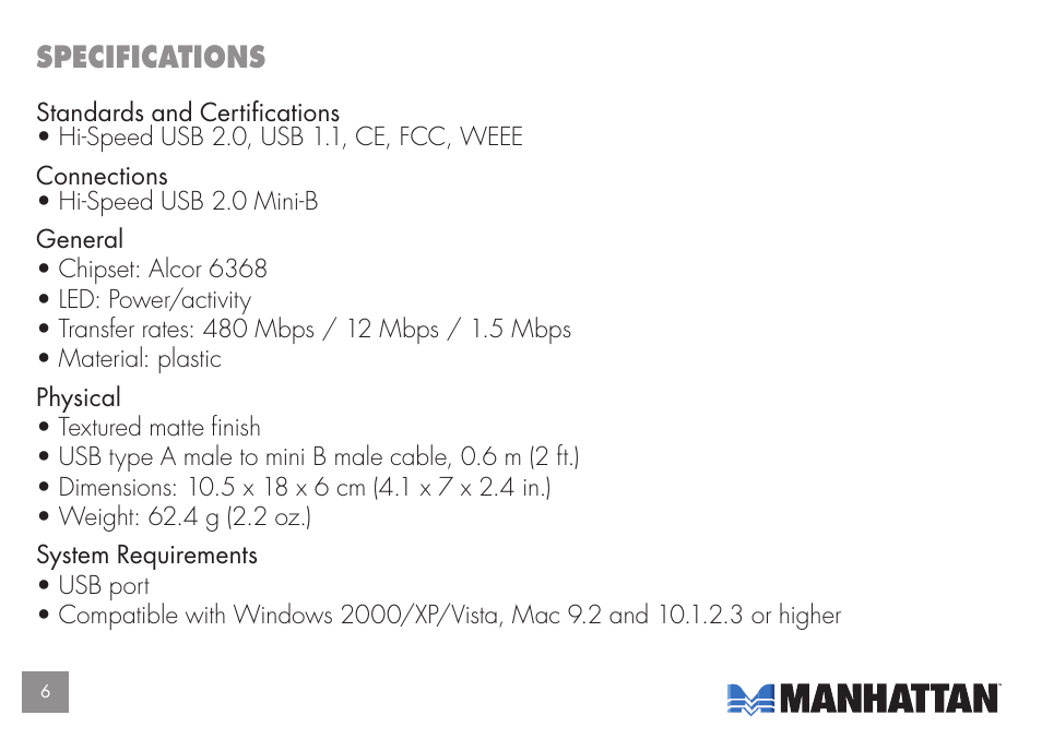 Specifications | Manhattan Computer Products 175883 User Manual | Page 6 / 8