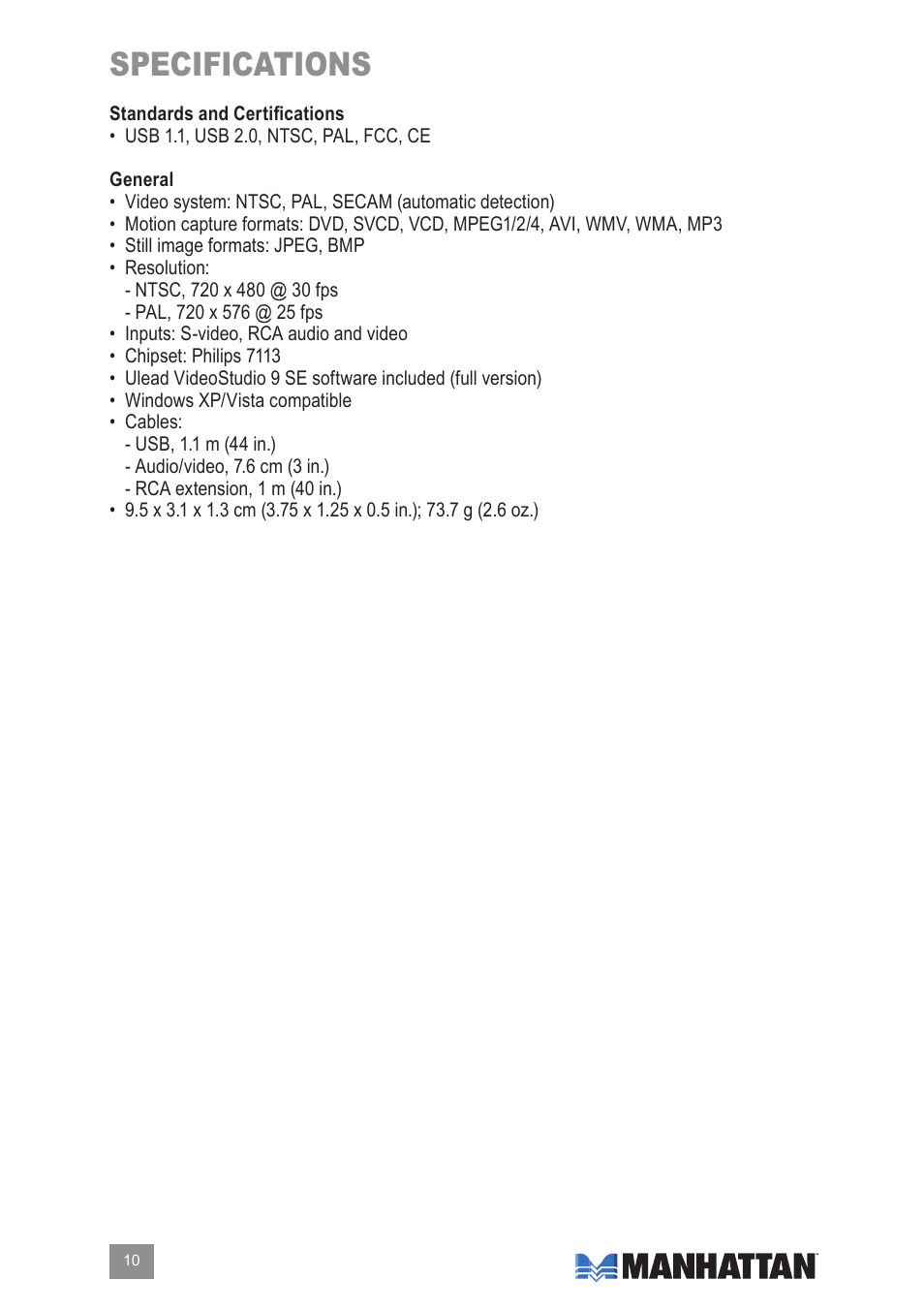 Specifications | Manhattan Computer Products 164115 User Manual | Page 10 / 12