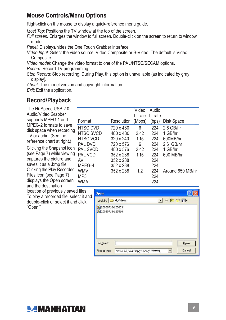 Mouse controls/menu options, Record/playback | Manhattan Computer Products 164115 User Manual | Page 9 / 12