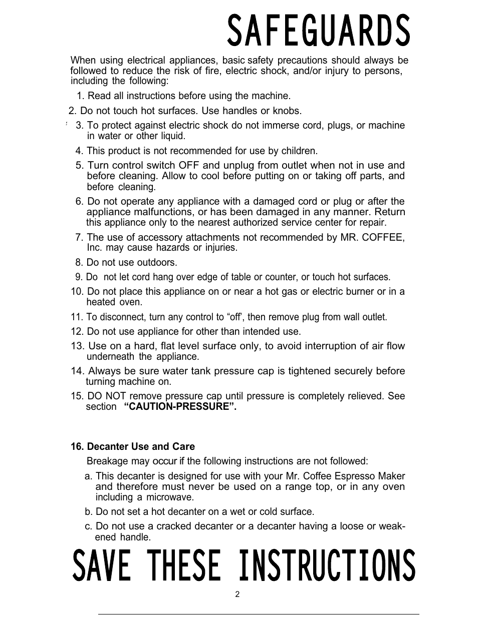 Important safeguards, Save these instructions | Mr. Coffee ECM11 User Manual | Page 2 / 12