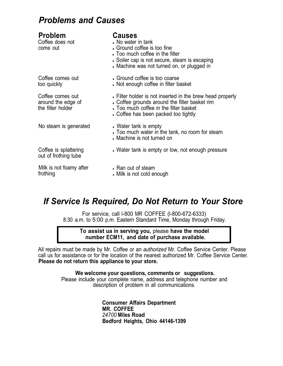 Problems and causes, Problem, Causes | Mr. Coffee ECM11 User Manual | Page 9 / 12