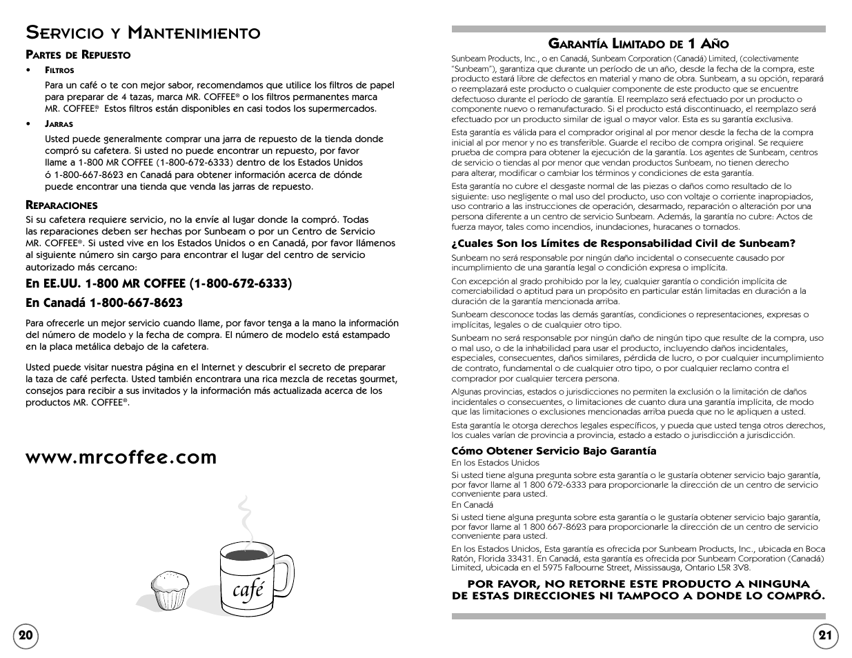 Café, Ervicio y, Antenimiento | Mr. Coffee TF5 User Manual | Page 11 / 12