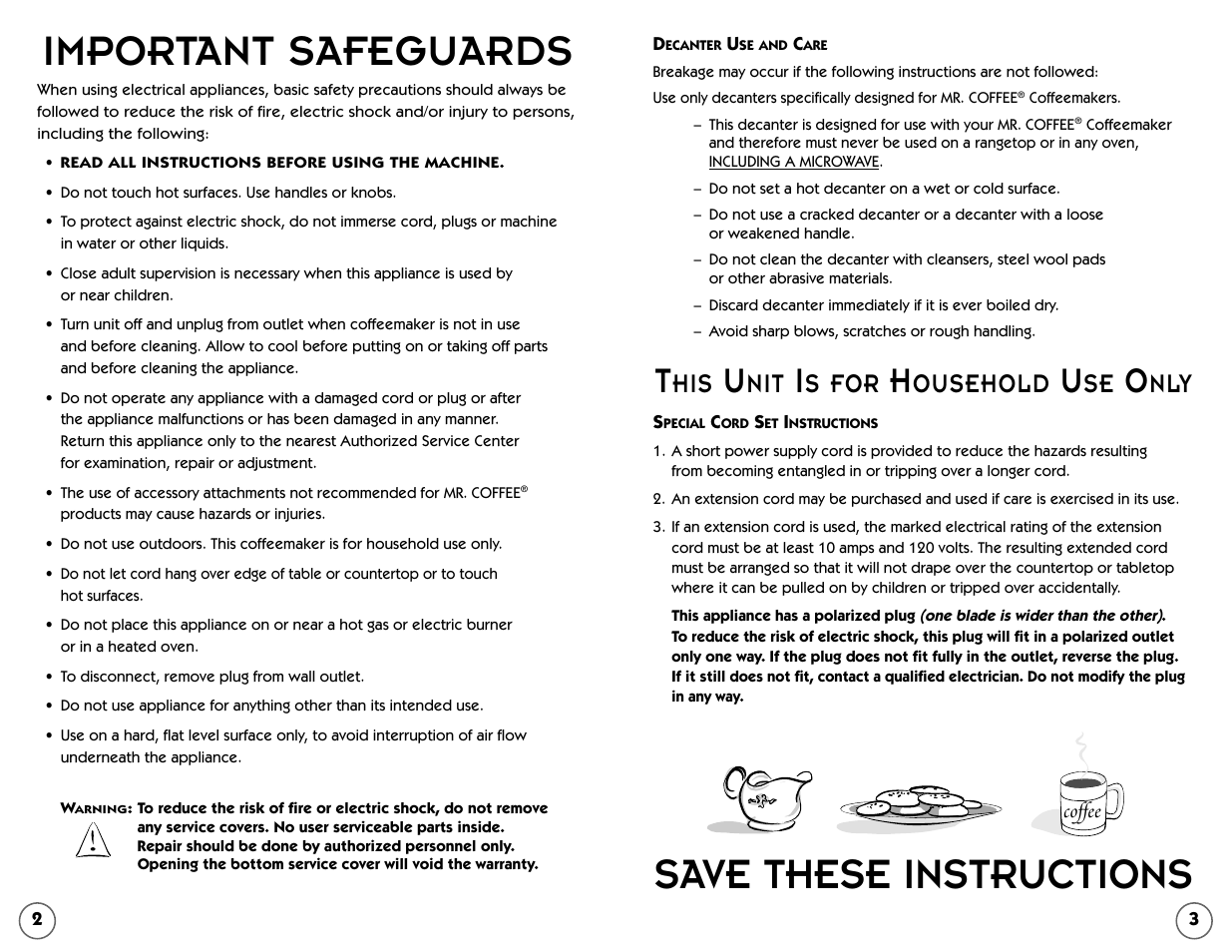 Important safeguards, Save these instructions, S for | Ousehold | Mr. Coffee TF5 User Manual | Page 2 / 12