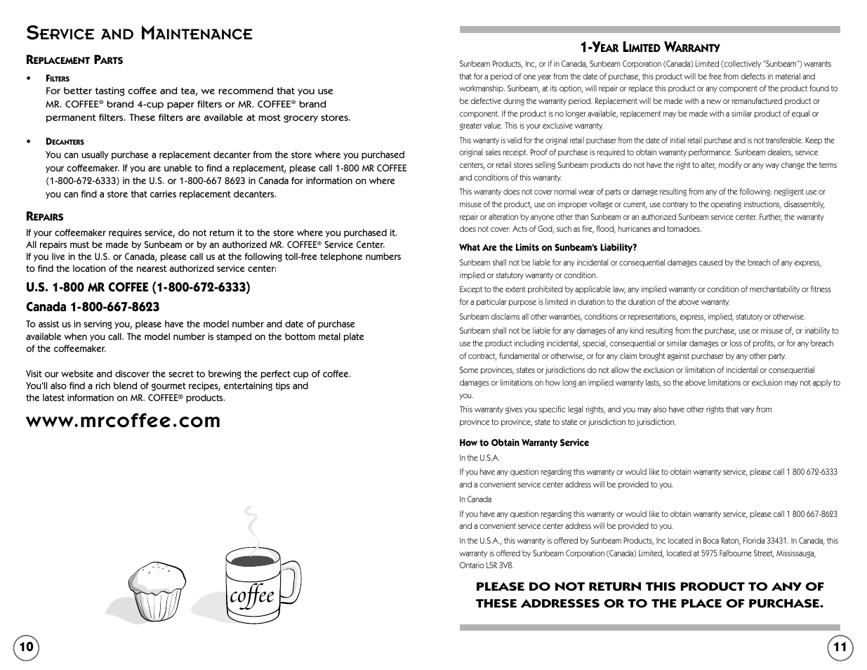Coffee, Ervice and, Aintenance | Mr. Coffee TF5 User Manual | Page 6 / 12