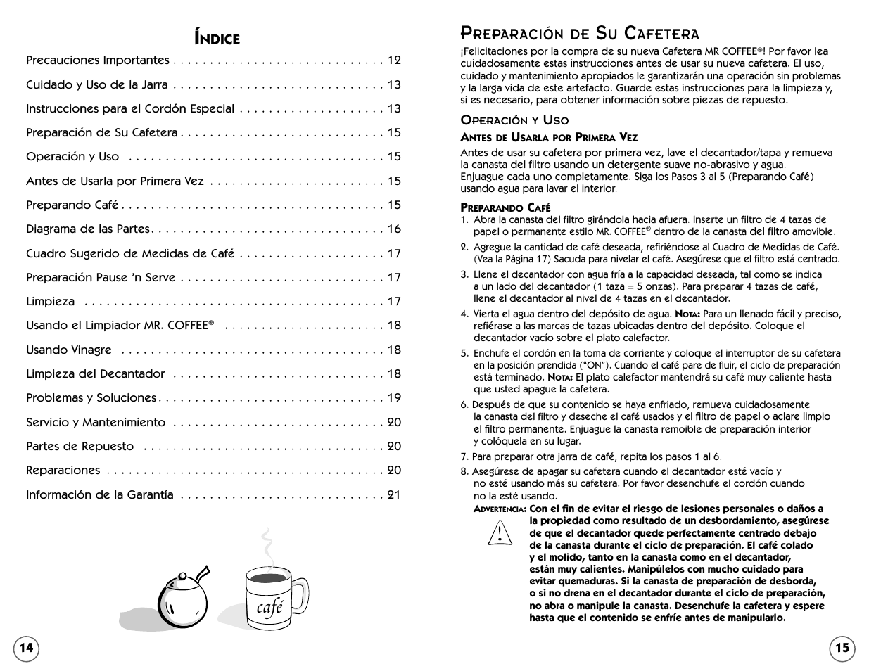 Café, Reparación de, Afetera | Mr. Coffee TF5 User Manual | Page 8 / 12