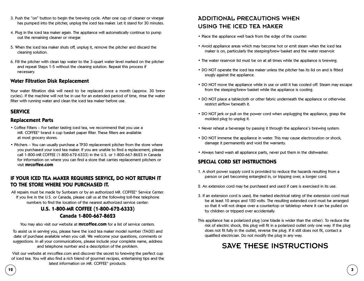 Save these instructions | Mr. Coffee TM30 User Manual | Page 12 / 14