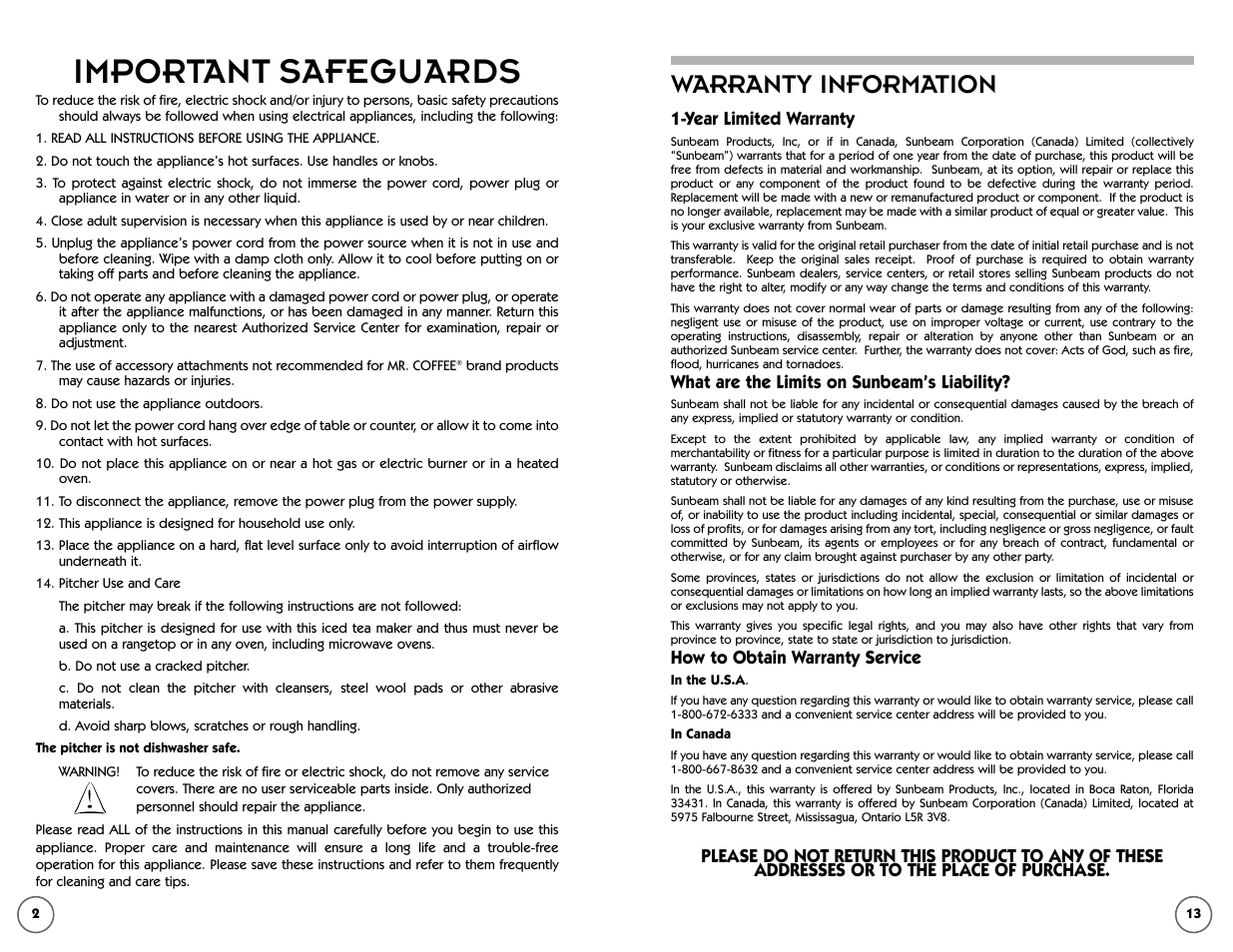 Important safeguards, Warranty information | Mr. Coffee TM30 User Manual | Page 13 / 14