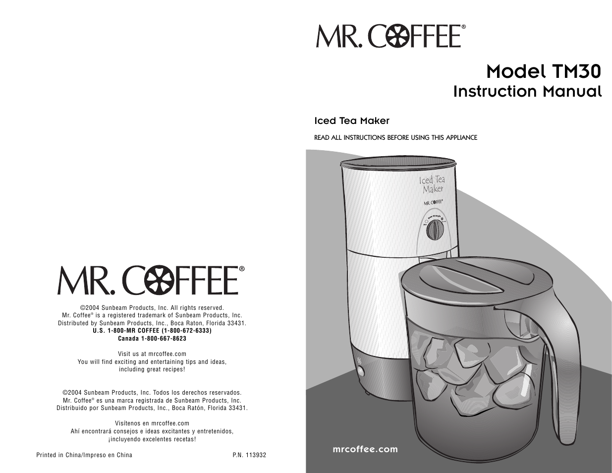 Model tm30, Instruction manual, Iced tea maker | Mr. Coffee TM30 User Manual | Page 14 / 14