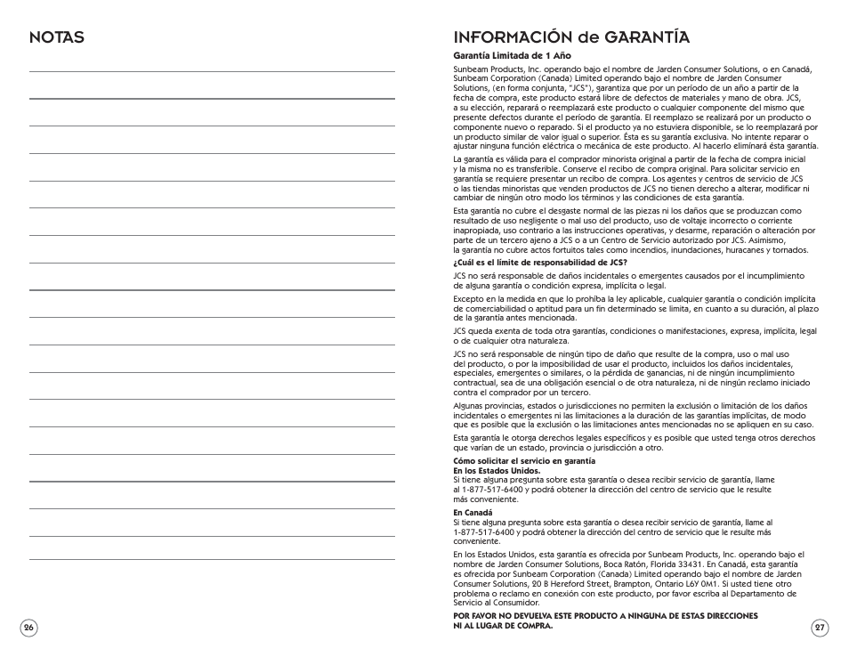 Notas información de garantía | Mr. Coffee 138998 User Manual | Page 14 / 14