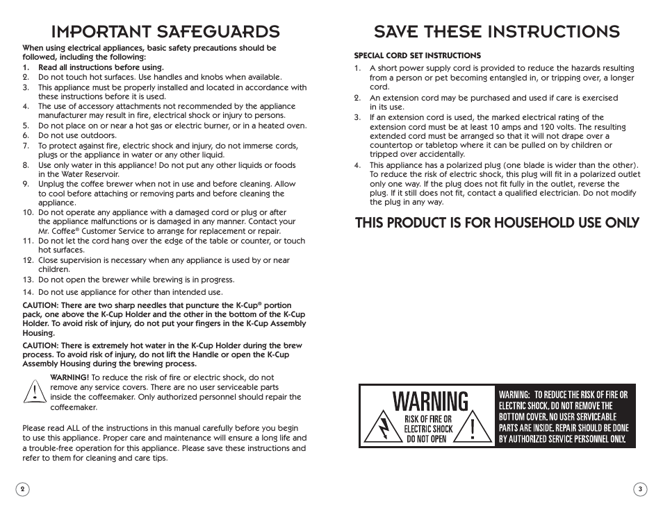 Important safeguards, Save these instructions, This product is for household use only | Mr. Coffee 138998 User Manual | Page 2 / 14