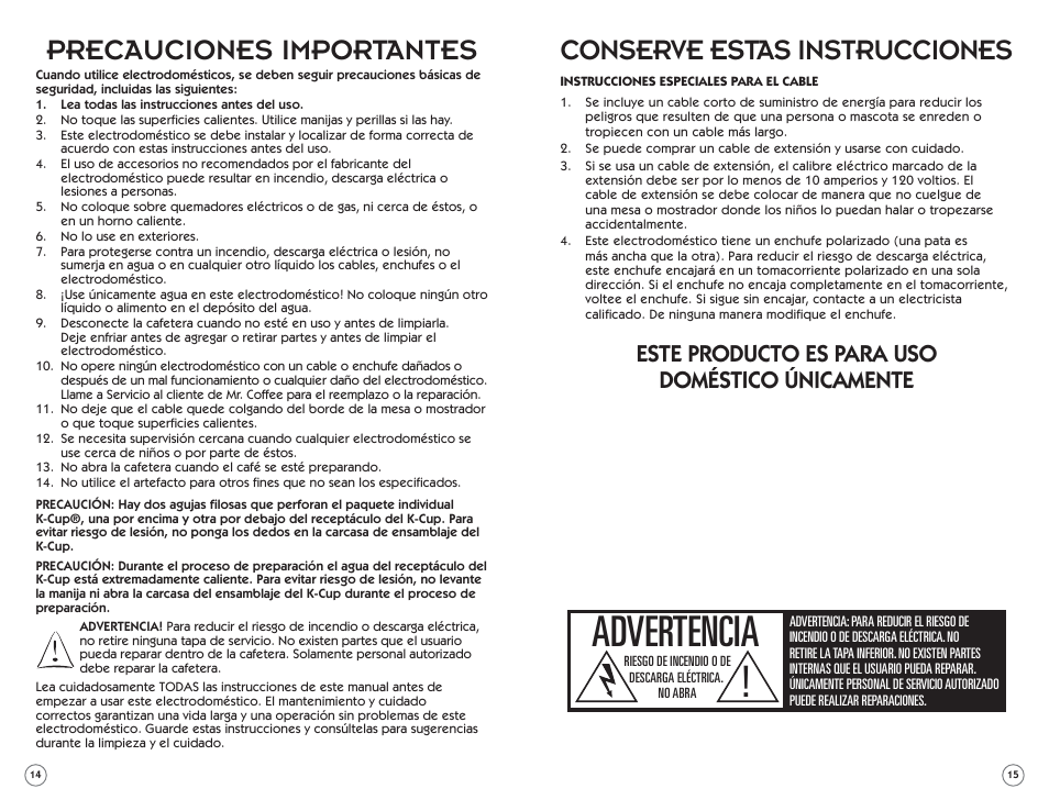 Advertencia, Precauciones importantes, Conserve estas instrucciones | Este producto es para uso doméstico únicamente | Mr. Coffee 138998 User Manual | Page 8 / 14