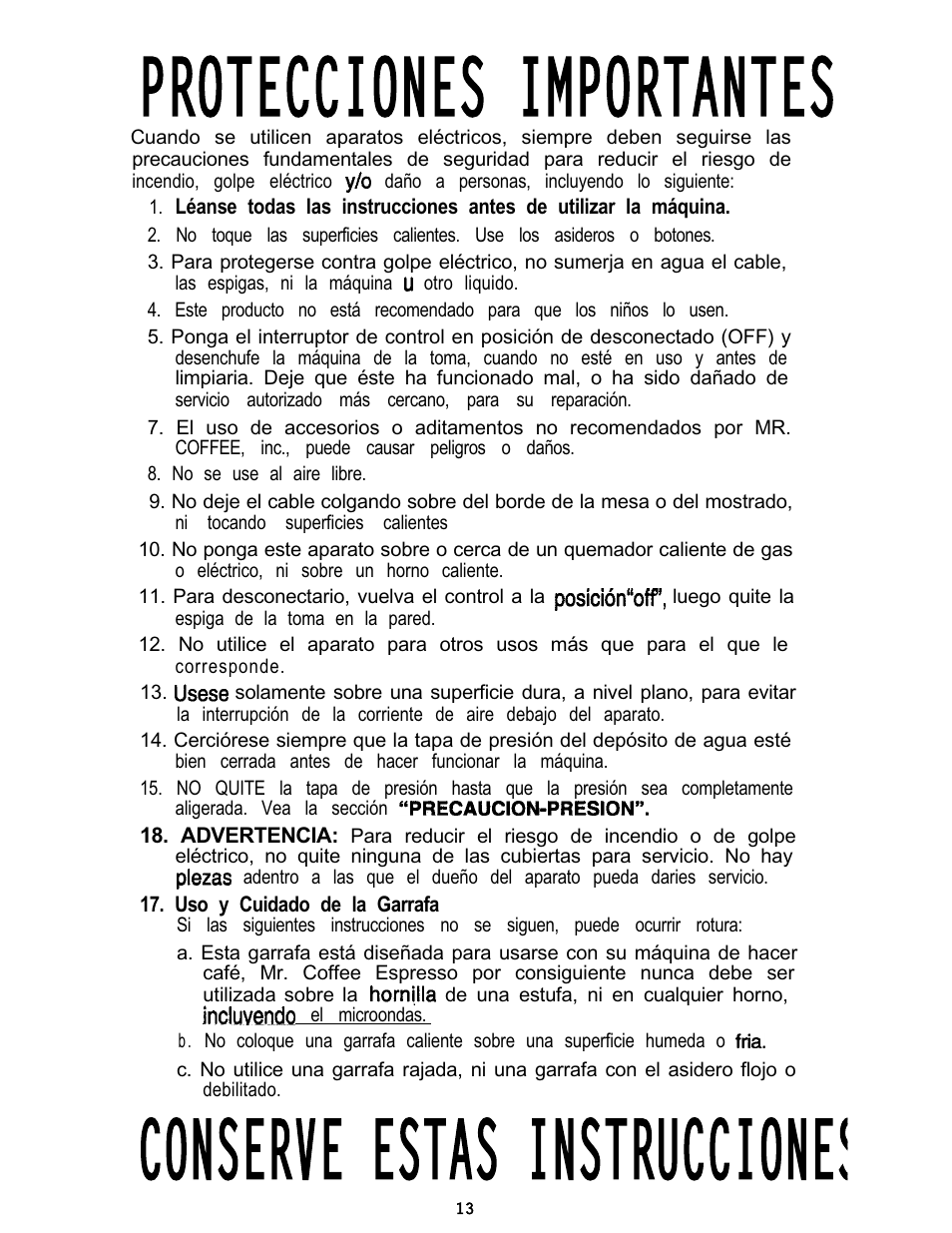 Conserve estas instrucciones, Protecciones importantes | Mr. Coffee ECM3 User Manual | Page 13 / 36