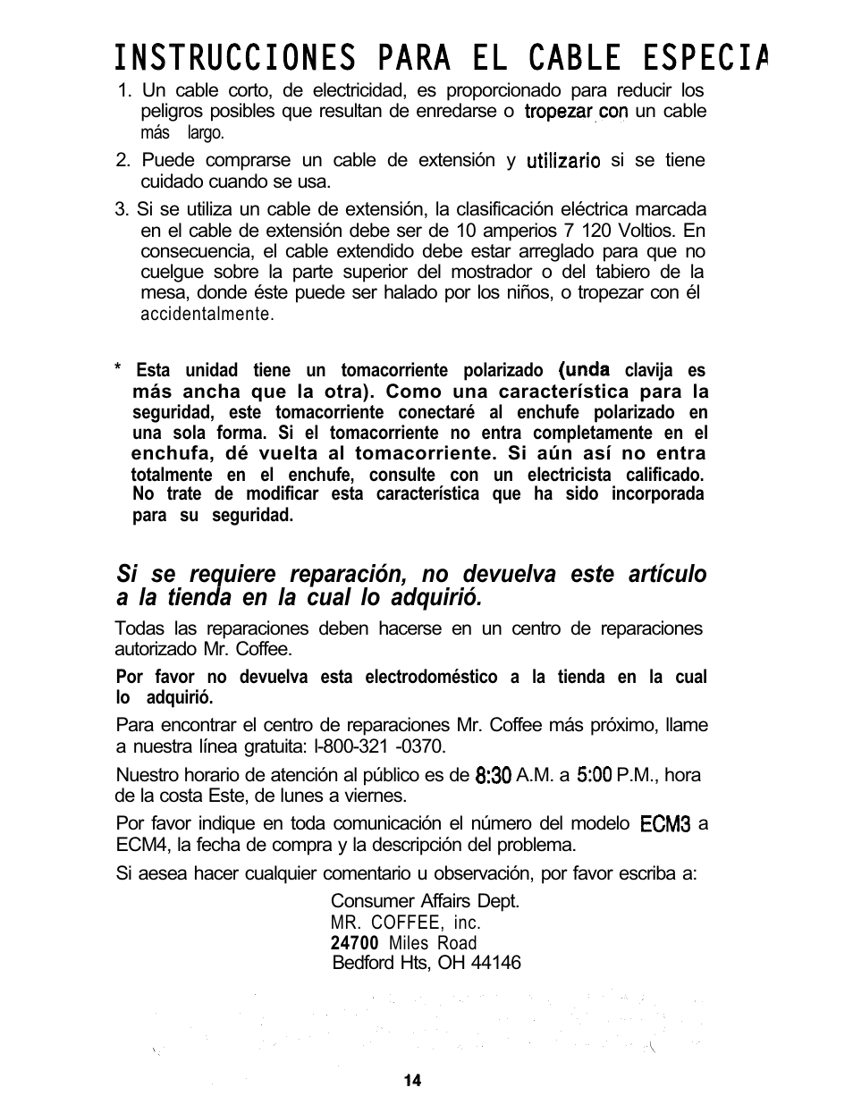 Iinnssttrrucciones para el cable especia | Mr. Coffee ECM3 User Manual | Page 14 / 36