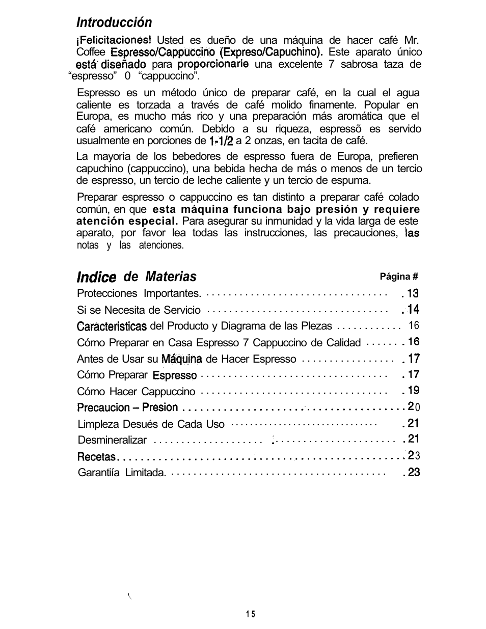 Introducción, De materias | Mr. Coffee ECM3 User Manual | Page 15 / 36