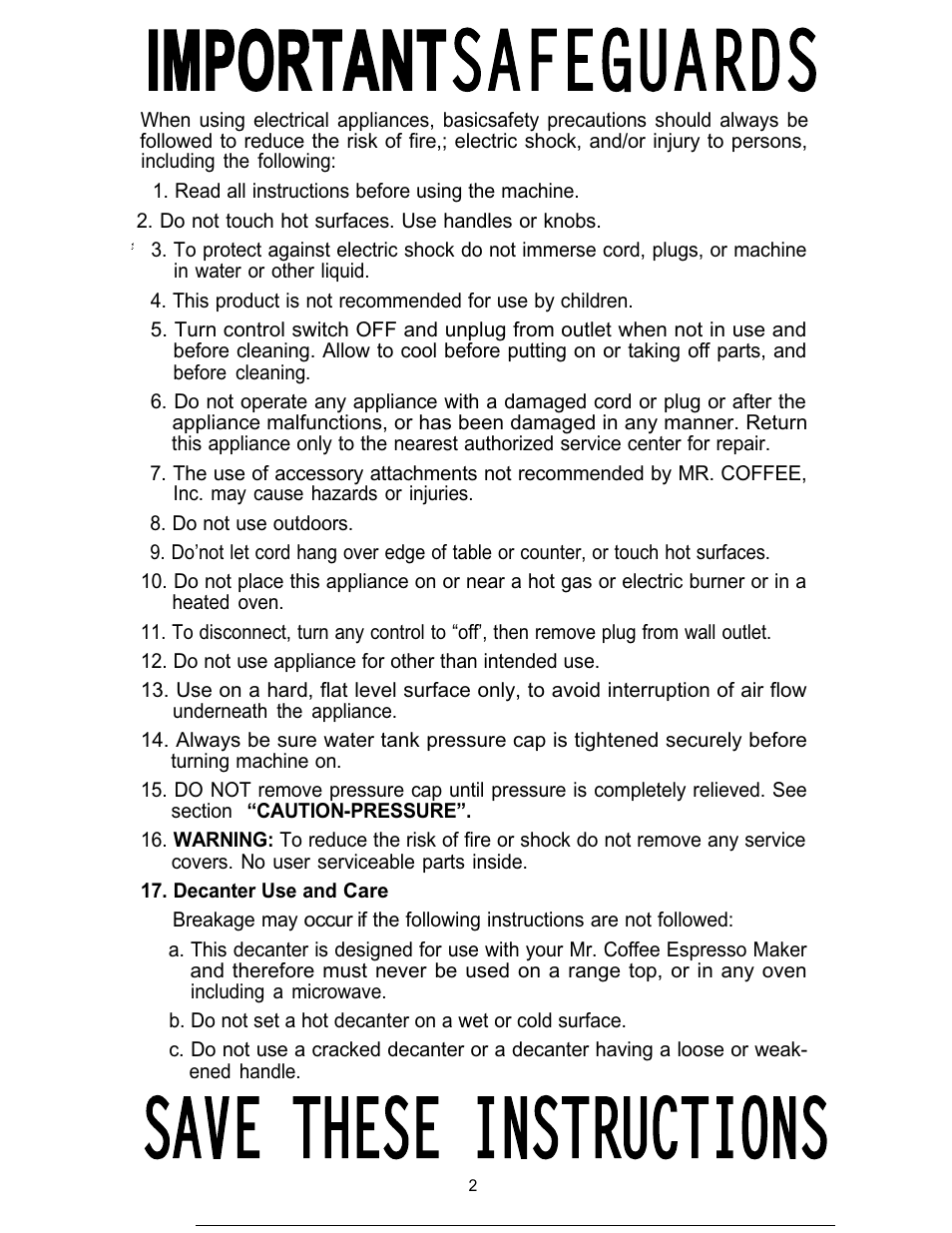 Important safeguards, Save these instructions | Mr. Coffee ECM3 User Manual | Page 2 / 36