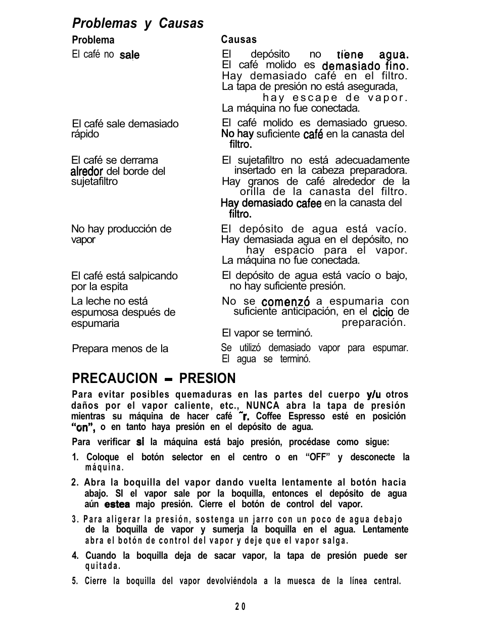 Problemas y causas, Precaucion presion | Mr. Coffee ECM3 User Manual | Page 20 / 36