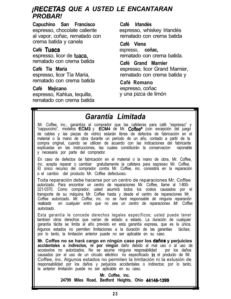 Garantía limitada, Que a usted le encantaran probar | Mr. Coffee ECM3 User Manual | Page 23 / 36