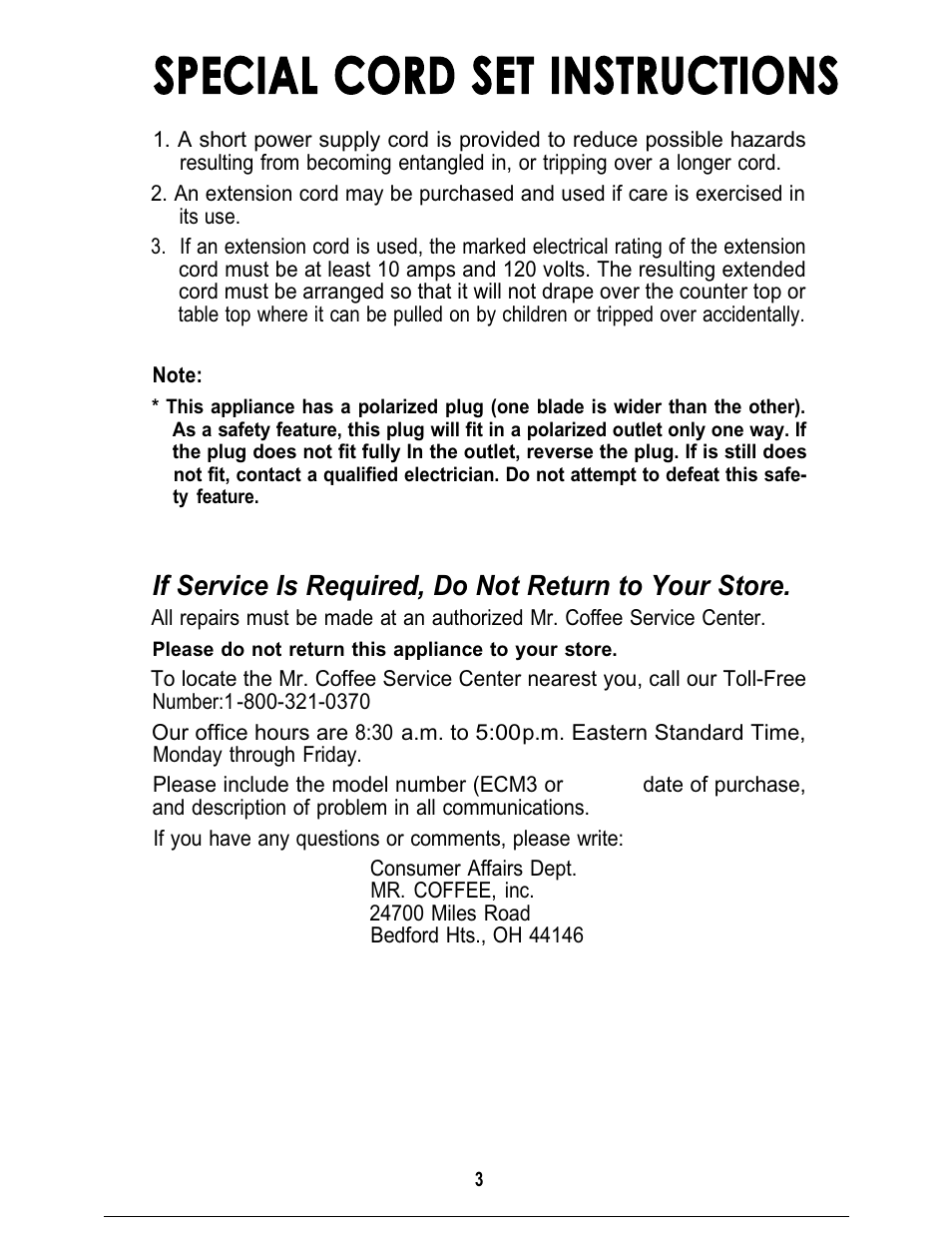 Special cord set instructions | Mr. Coffee ECM3 User Manual | Page 3 / 36